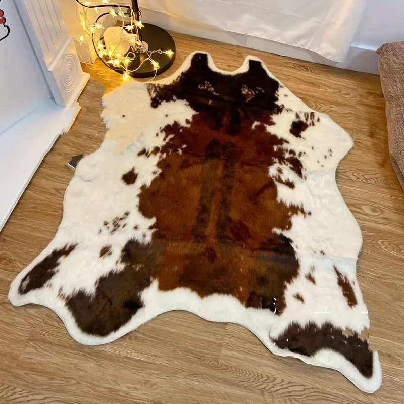 Luxury Faux Cowhide Mat - Soft Plush Animal Print Mat, Washable &, Brown