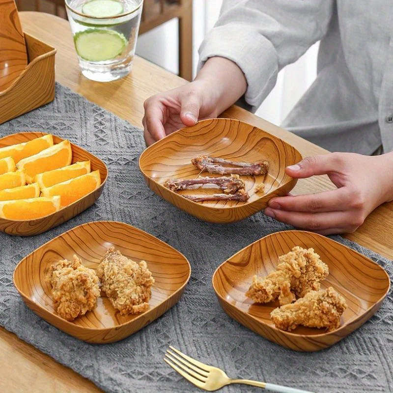 4pcs Creative Imitation Wood Plastic Snack Plate Vinegar Dish Restaurant Sushi Breakfast Dried