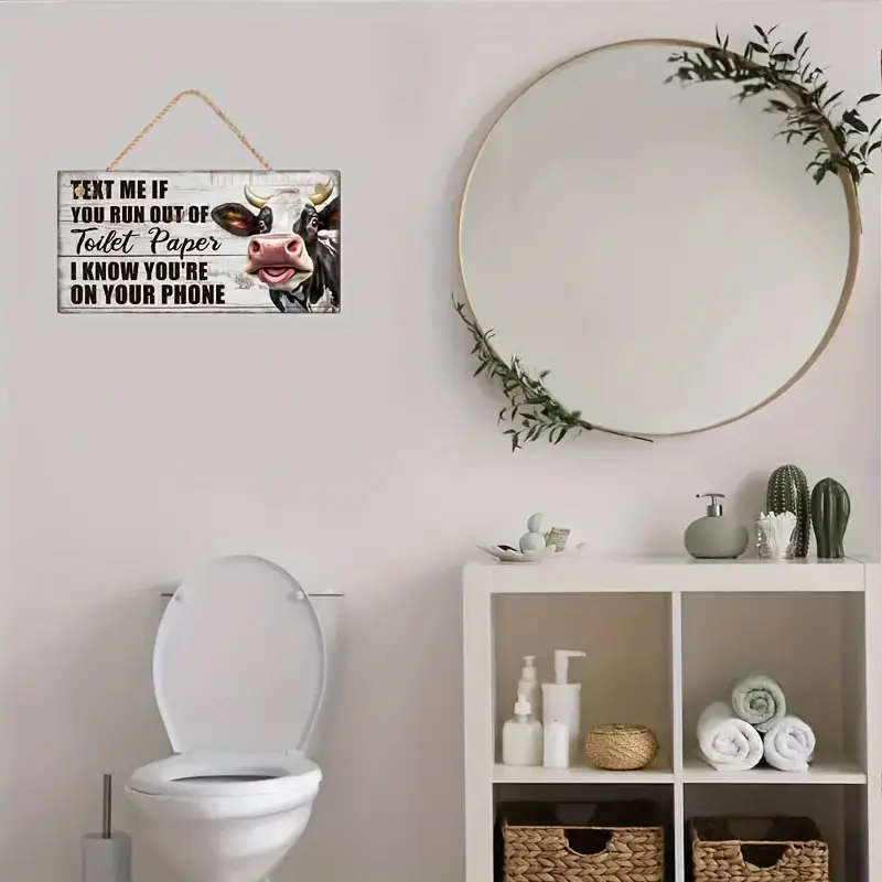 1pc Funny Cow Pattern Wooden Bathroom Sign Text Me If Your Toilet Paper Runs Out Perfect for Home Sp