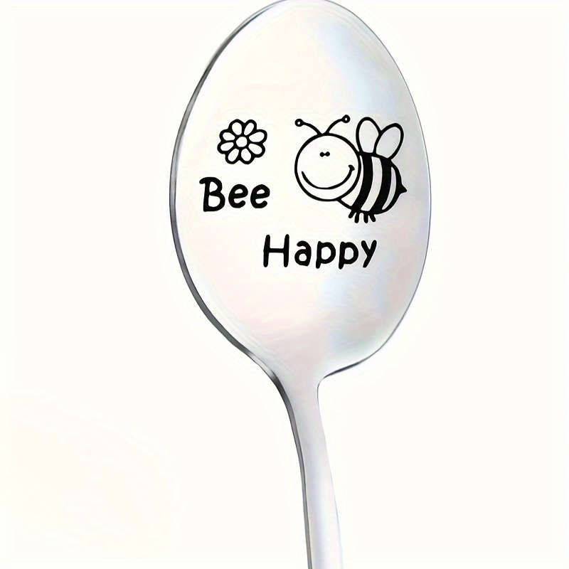 1pc Stainless Steel Spoon Cartoon  Happy Bee  Engraved Spoon Funny Spoon Coffee Spoon Ice C