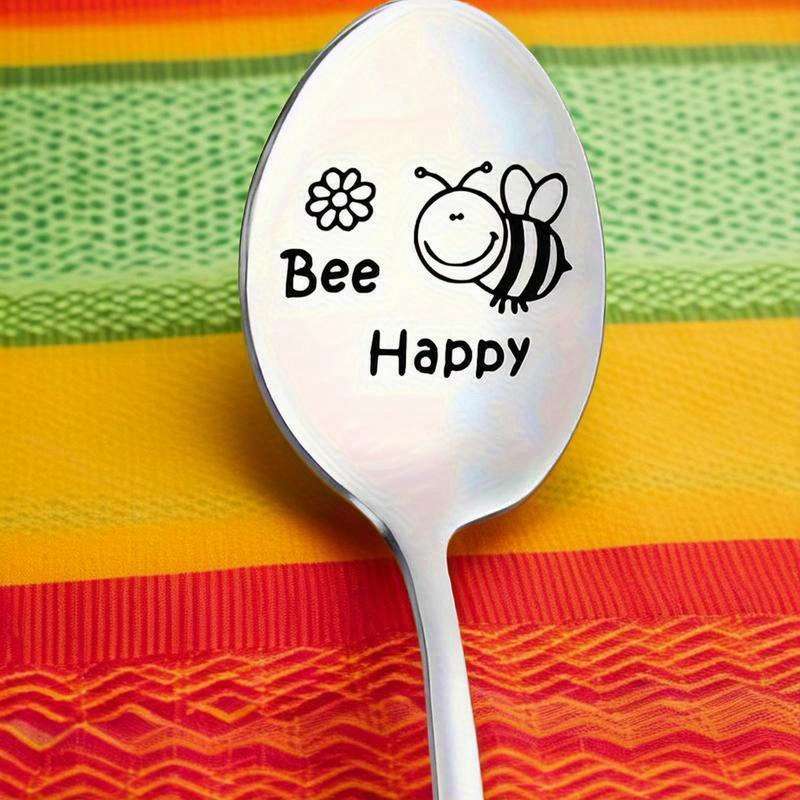 1pc Stainless Steel Spoon Cartoon  Happy Bee  Engraved Spoon Funny Spoon Coffee Spoon Ice C