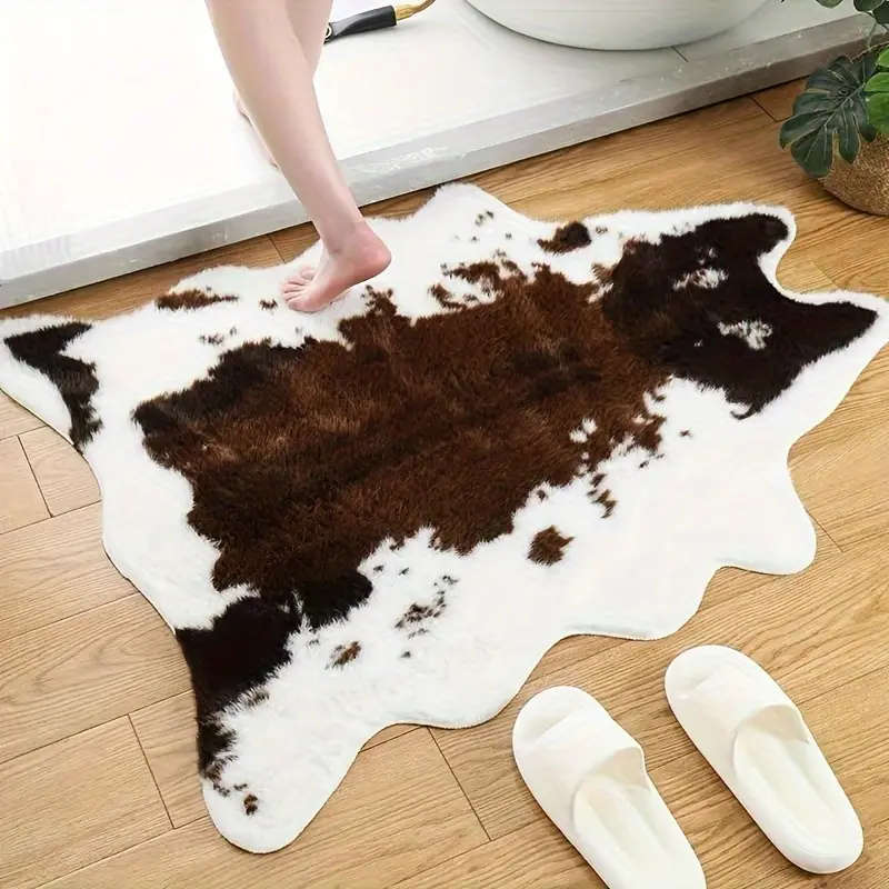 Luxury Faux Cowhide Mat - Soft Plush Animal Print Mat, Washable &, Brown