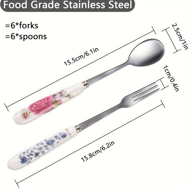 12pcs floral printed ceramic handle stainless steel tableware set polished surface tableware