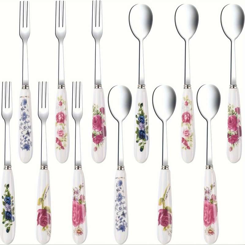12pcs floral printed ceramic handle stainless steel tableware set polished surface tableware
