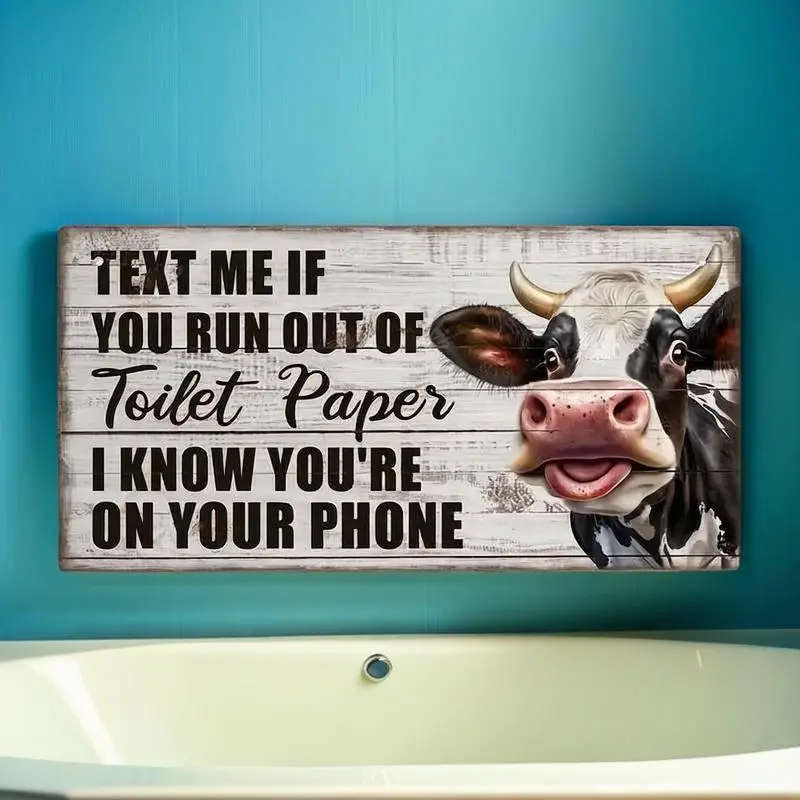 1pc Funny Cow Pattern Wooden Bathroom Sign Text Me If Your Toilet Paper Runs Out Perfect for Home Sp