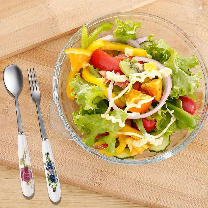 12pcs floral printed ceramic handle stainless steel tableware set polished surface tableware