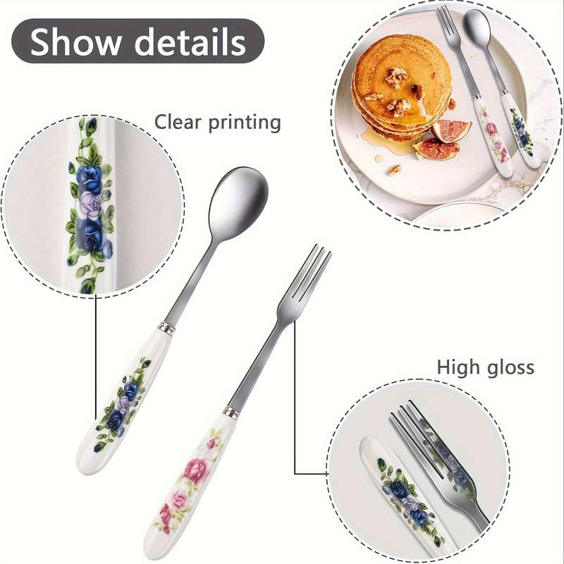 12pcs floral printed ceramic handle stainless steel tableware set polished surface tableware