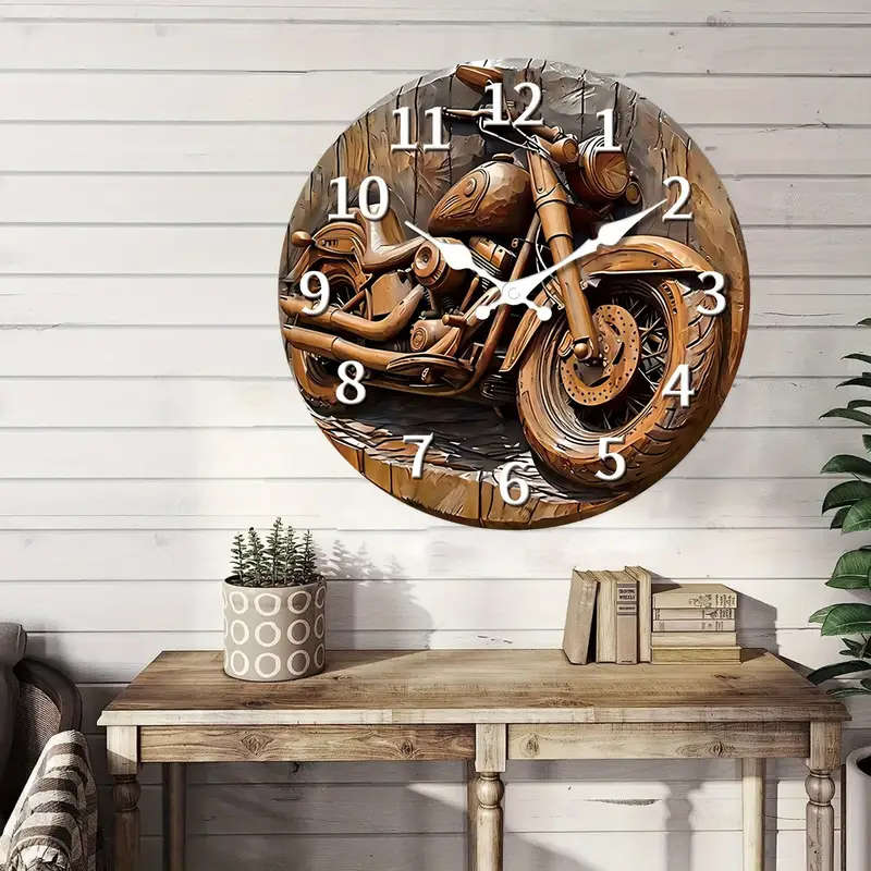 1pc Vintage Motorcycle Wooden Wall Clock Silent Japanese Quartz Movement Round Battery-Operated Wood