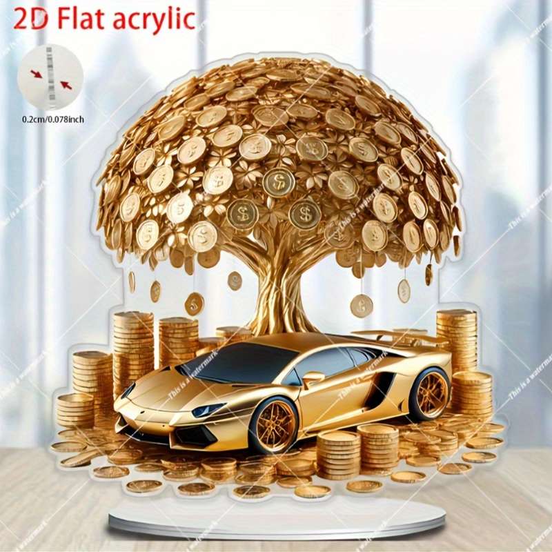 1pc 2D Flat  Acrylic Golden Tree Car Wall Art Bohemian Style  Design No Battery Needed