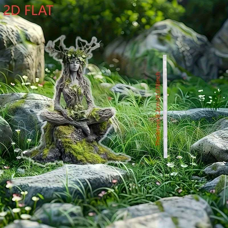 1pc 2D Flat   Bohemian Acrylic Tree Fairy Garden Stake Serene Meditation Pose with Moss Roots