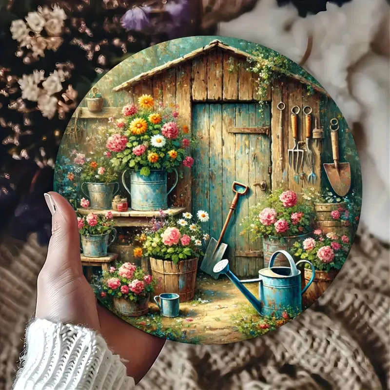 1pc Vintage Floral Garden Shed Round Metal Sign Aluminum Foil Engraving Wall Decor for Cafe Garage F