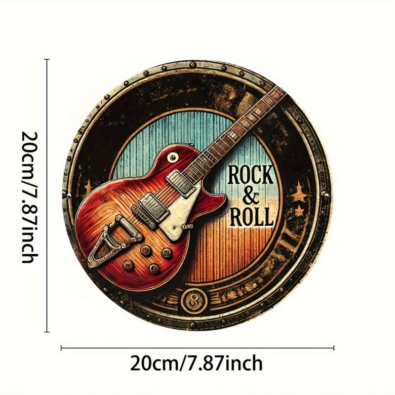 1pc 2D Flat Vintage Rock Roll Guitar Metal Wall Art Sign 20.32x20.32 cm Round Iron Decorative