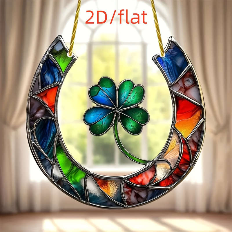 1pc 2D Flat   Flat  Acrylic Sun Catcher Lucky Horse Four-Leaf Clover Design Vibrant Stain