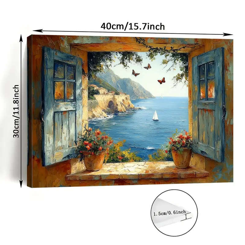 1pc Room Decor Nautical Coastal Landscape Canvas Wall Art Wooden Framed Seaside View with Sailing Bo