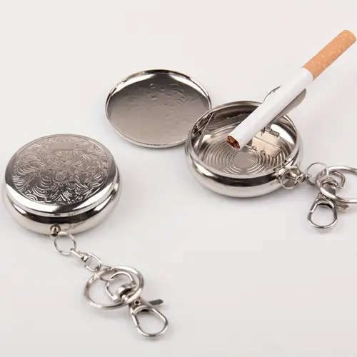 1pc Stainless Steel Round Ashtray with Key Ring No Battery Required Color sent randomly