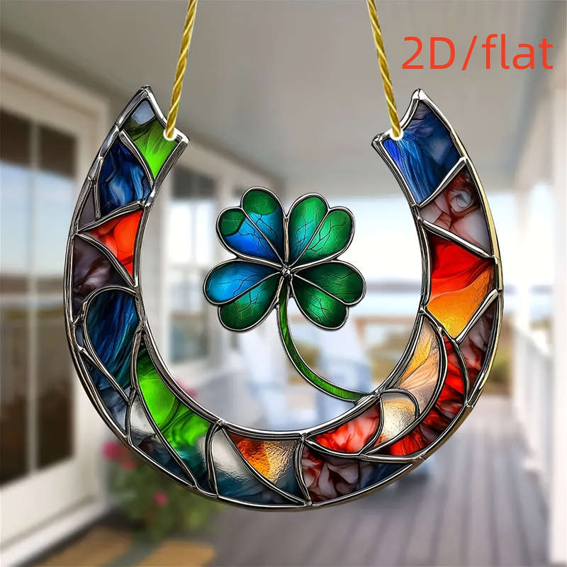 1pc 2D Flat   Flat  Acrylic Sun Catcher Lucky Horse Four-Leaf Clover Design Vibrant Stain