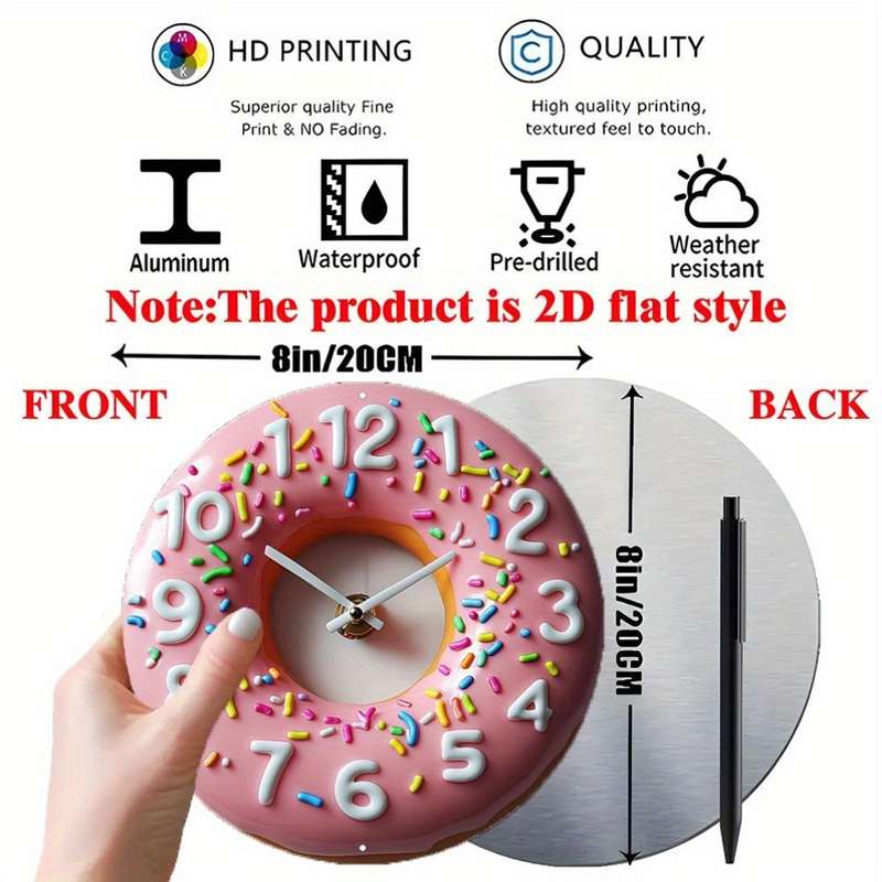 1pc 2D Flat Aluminum Wall Clock Pink Donut Shape with Colorful Sprinkles Frosting Not real clock