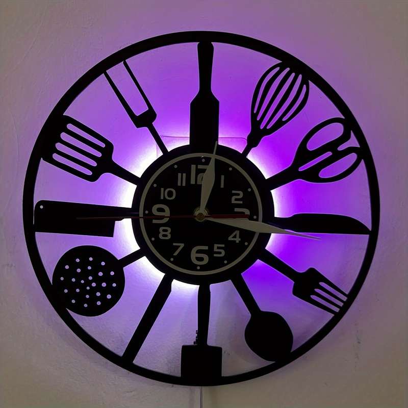 1pc Vintage Kitchen 7 Color LED Lights Vinyl Wall Clock Silent Round Clock with Utensil Design U