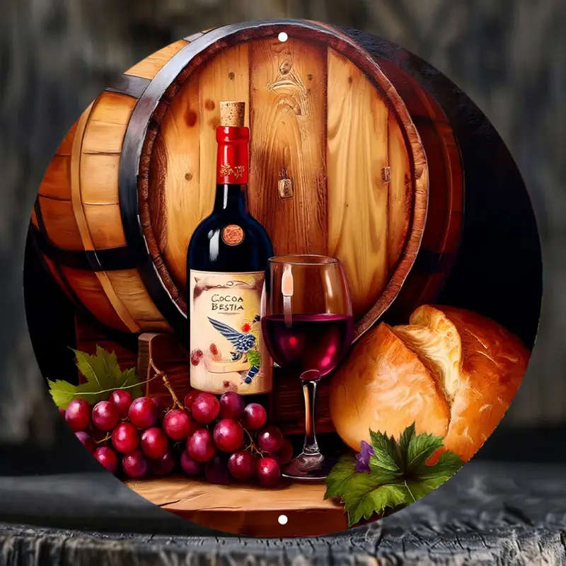1pc Bottle of Wine And a Glass of Red Wine Next to a Wreath Sign 8X8 Inch 20Cmx20Cm Round Aluminum S