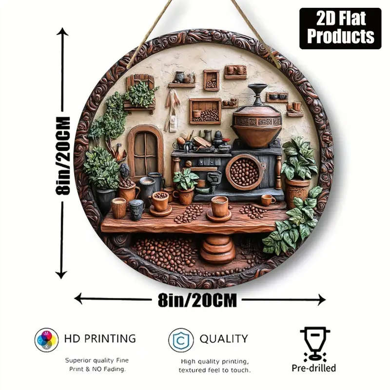 1pc Rustic Round Wooden Coffee Machine Theme Wall Art 20.32x20.32cm 2D Flat Printed Sign for Home Of