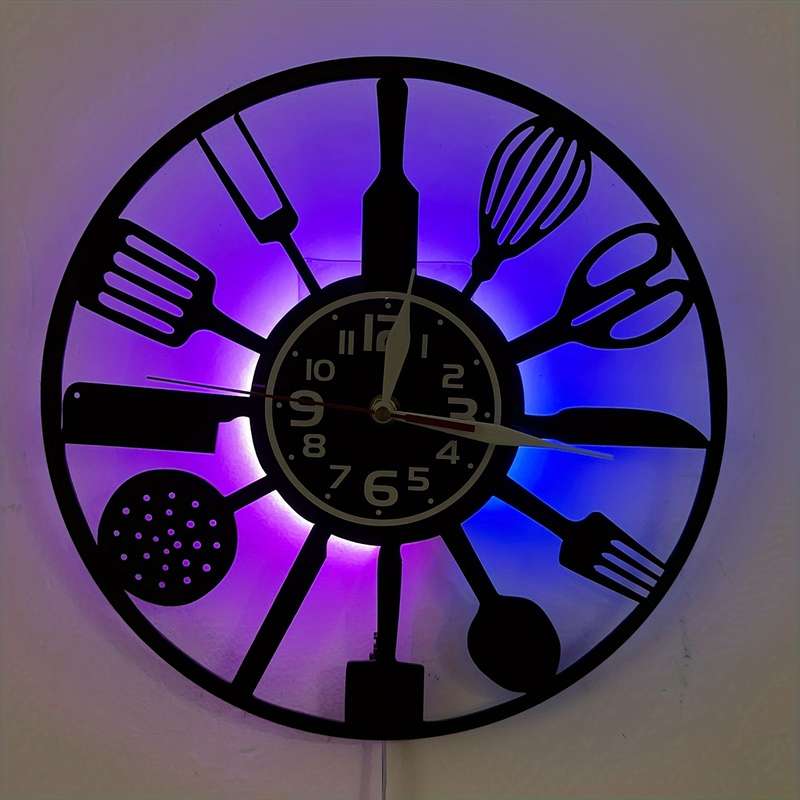 1pc Vintage Kitchen 7 Color LED Lights Vinyl Wall Clock Silent Round Clock with Utensil Design U