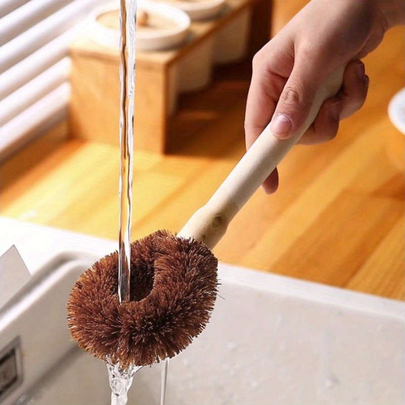 1pc Natural Bamboo Kitchen Brush with Plastic Handle for Pot and Dish Cleaning