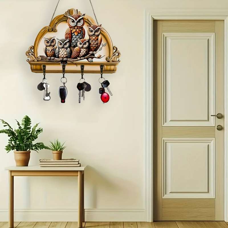 1pc Owl  Floral Wooden Key Hanger with Four Metal HooksColorful Traditional Design for Home Wa