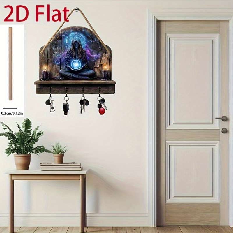 A Simple And Colorful Wooden Key Holder for Divination Featuring Four Metal Hooks Designed for Wal