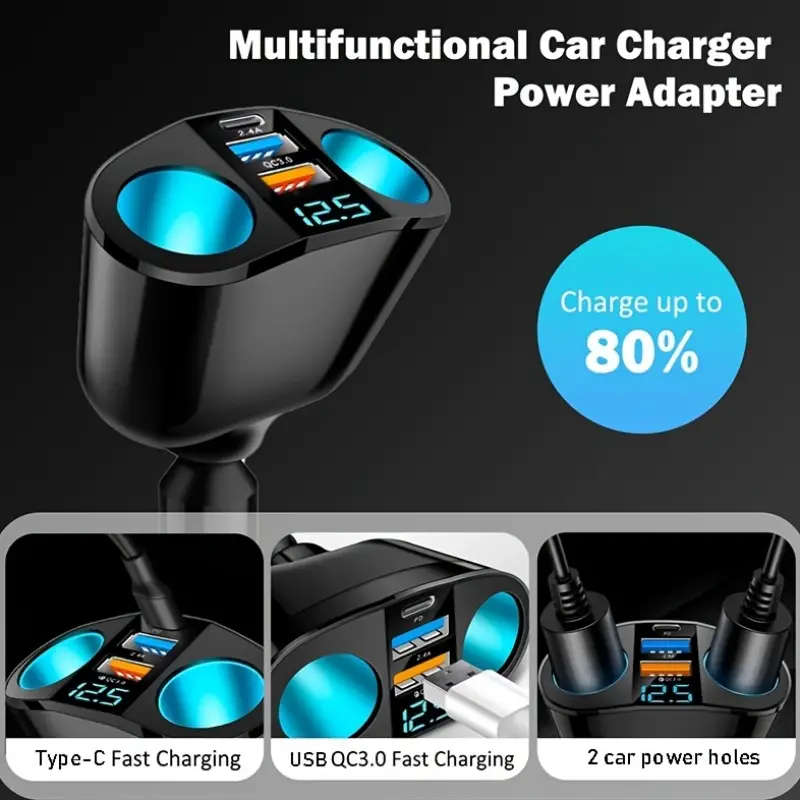1pc One-Tow-Five Car Charger 2 Car Power Hole 2USB Port 1USB Type-C Port Fast Charging Universal 12/