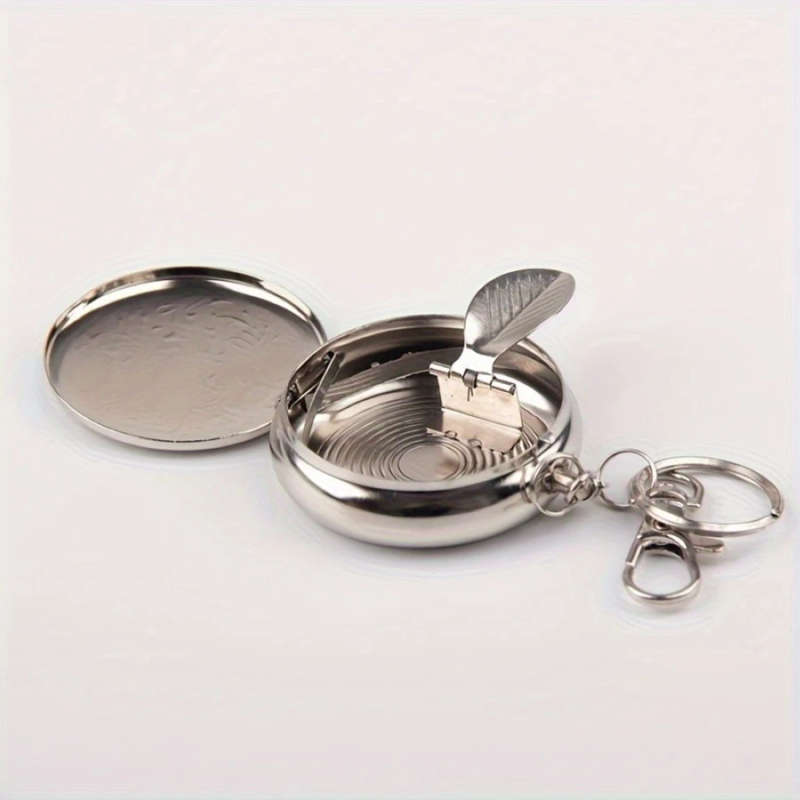 1pc Stainless Steel Round Ashtray with Key Ring No Battery Required Color sent randomly