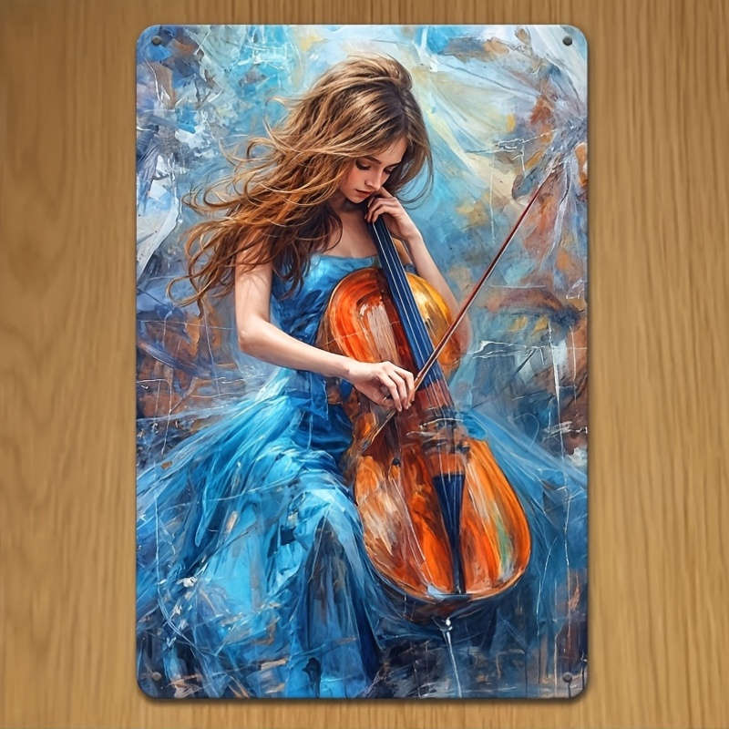 1pc 2D Flat Iron Wall Art Logo Cello Artist Blue Dress Woman Music Studio Art Music Student Gif