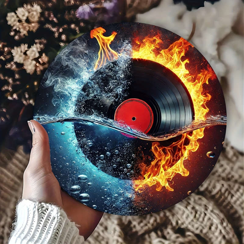 1pc 20cm Fire and Water Vinyl Record Themed Metal Sign Art Set Durable Iron Retro Music Wall Deco