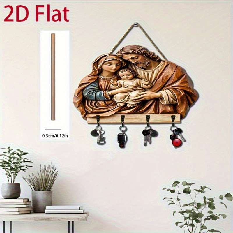 2D Flat 2D Wooden Key Holder with Four Metal HooksVibrant Jesus Mary  Family Carving Ideal for