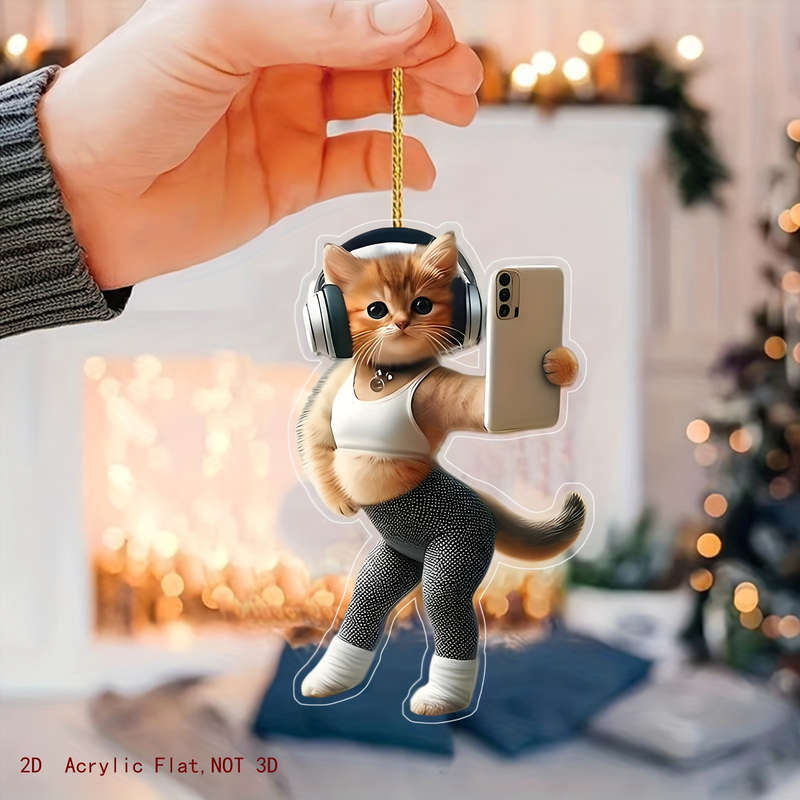 1pc 2D Flat  Printing Cute Fitness Kitten Pendant Acrylic Car Interior Pendant Home Bedroom Pendant