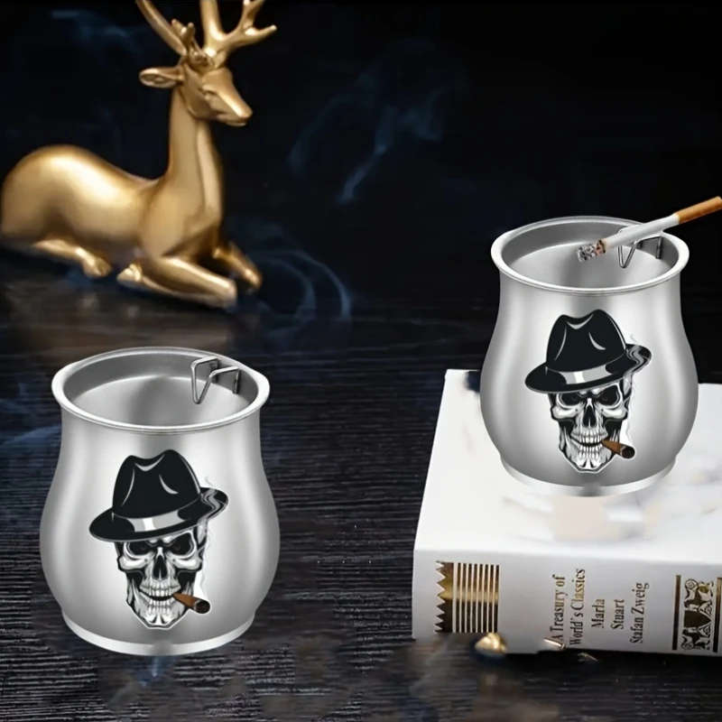 1pc Stainless Steel Ashtray with Lid Skull Pattern Windproof Anti-Fly Ash Creative Funnel Design