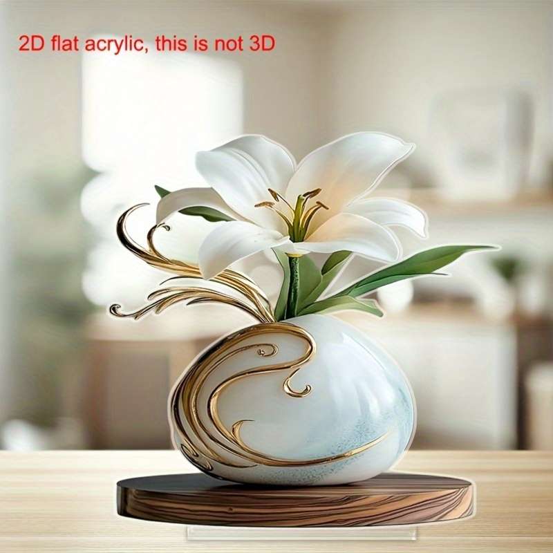 1pc 2D Flat  Acrylic Vase with Elegant White Lilies and Golden Accents Ideal for Home Office or