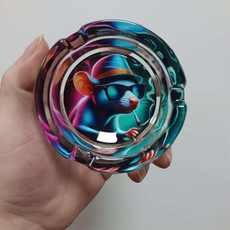 1pc Whimsical Rat Design Glass Ashtray Round Vibrant Blue Pink Artwork with Glasses Hat