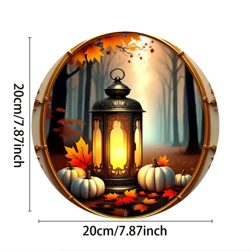 1pc Rustic Lantern Pumpkin Design Aluminum Wall Sign 19.99 cm Round Safe Rounded Corners Easy Instal