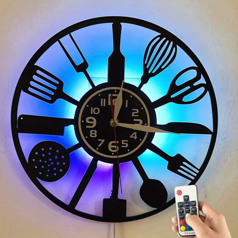 1pc Vintage Kitchen 7 Color LED Lights Vinyl Wall Clock Silent Round Clock with Utensil Design U