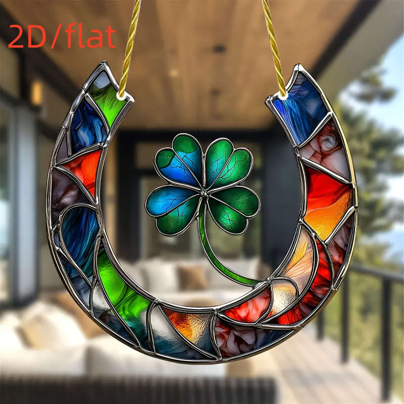 1pc 2D Flat   Flat  Acrylic Sun Catcher Lucky Horse Four-Leaf Clover Design Vibrant Stain