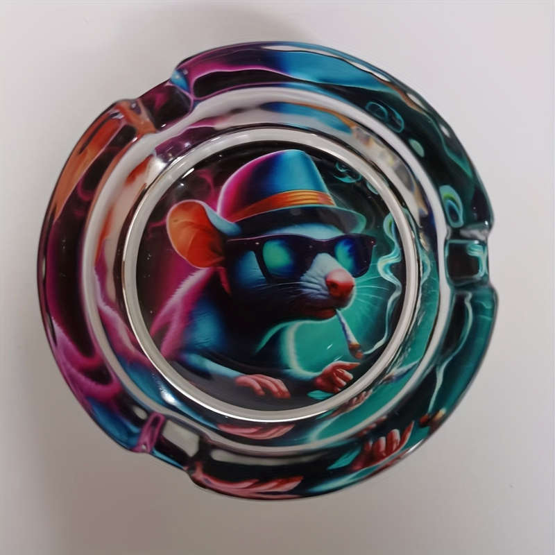 1pc Whimsical Rat Design Glass Ashtray Round Vibrant Blue Pink Artwork with Glasses Hat