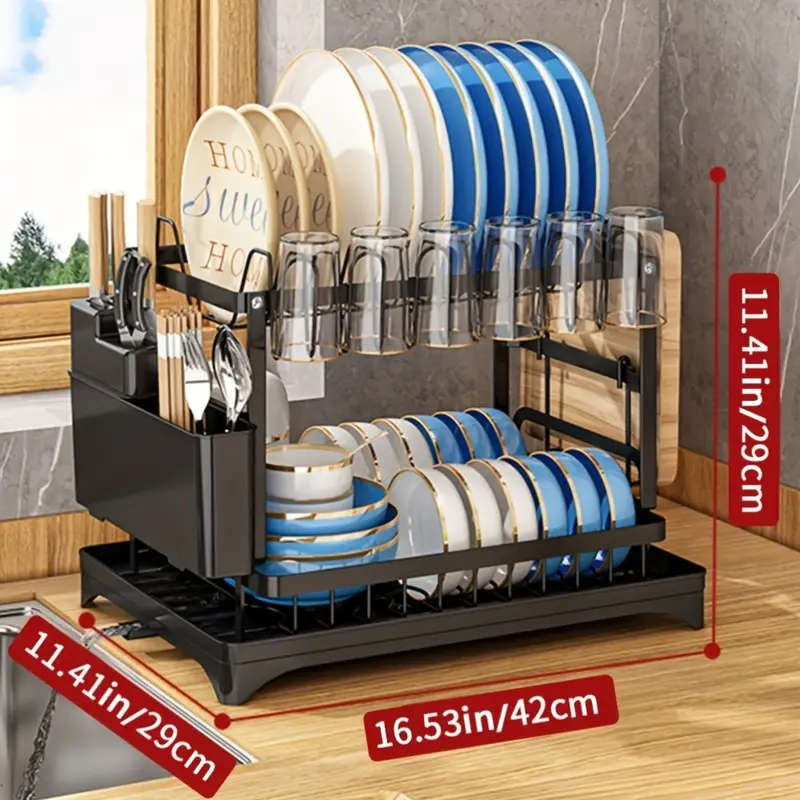 1pc Large Capacity 2-Tier Dish Drying Rack with Drainboard, Double-Layer Bowl & Cup Rack, Detachable