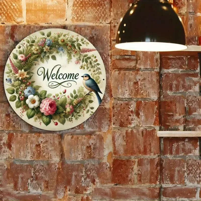 1pc Floral Wreath Welcome Sign Metal Plaque 19.81 cm Decorative Iron Wall Art with Spring Bird Round