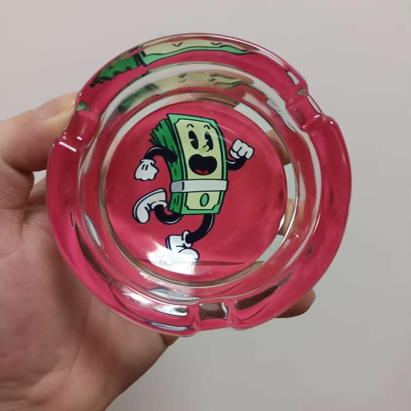 1pc Round Glass Ashtray with Cartoon Dollar Design Colorful Playful Money Illustration Perf