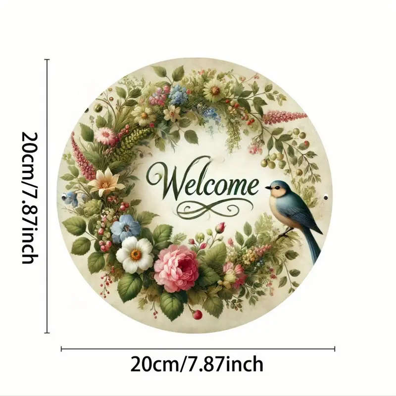 1pc Floral Wreath Welcome Sign Metal Plaque 19.81 cm Decorative Iron Wall Art with Spring Bird Round