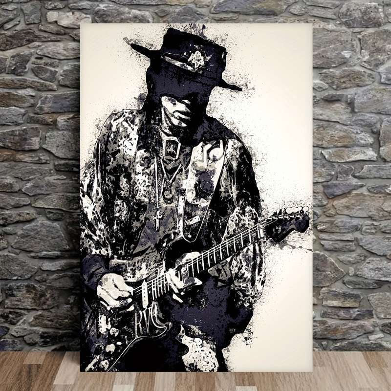 1pc Stevie Ray Vaughan Frameless Canvas Art Poster Dynamic Black and White Guitarist Design Idea