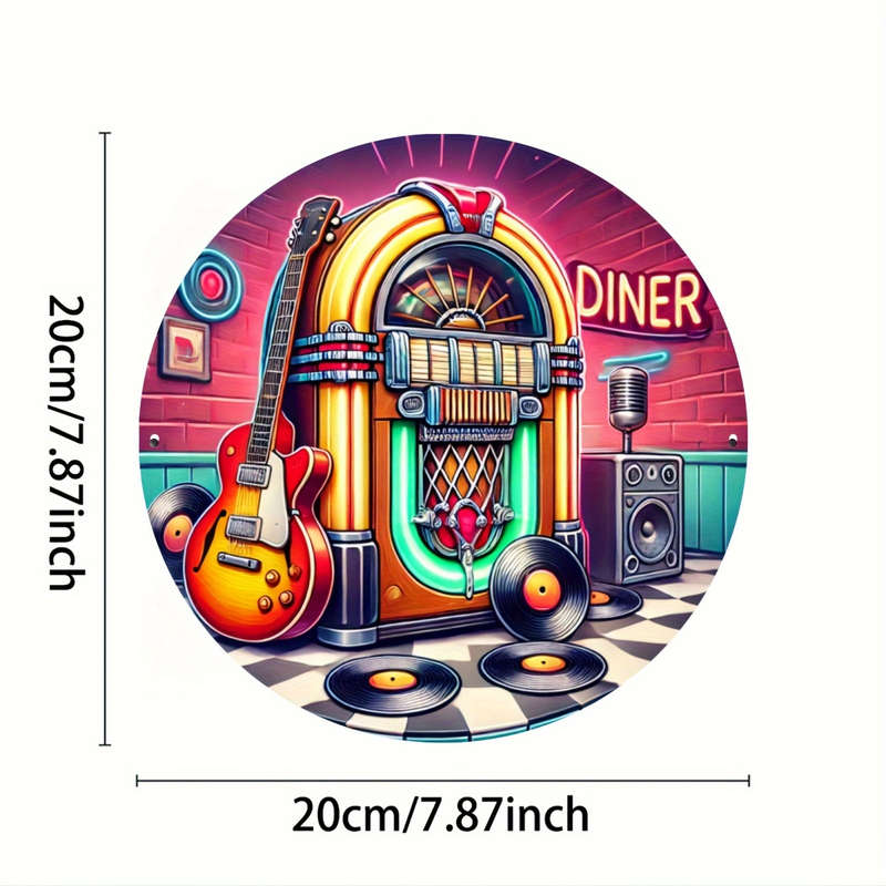 1pc Vintage Jukebox Metal Wall Art 19.81cm Aluminum Round Decor with Guitar Records Retro Dine