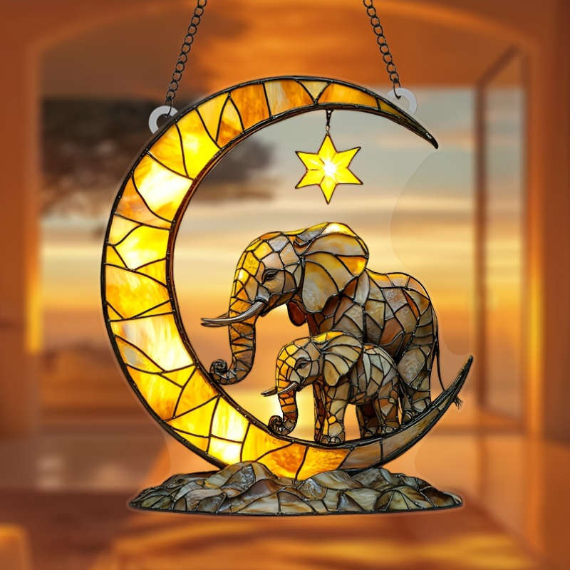 1pc 2D Flat  17.78cm x 20.32cm Acrylic Moon Star Elephant Family Wall Art Vibrant Stained Glass