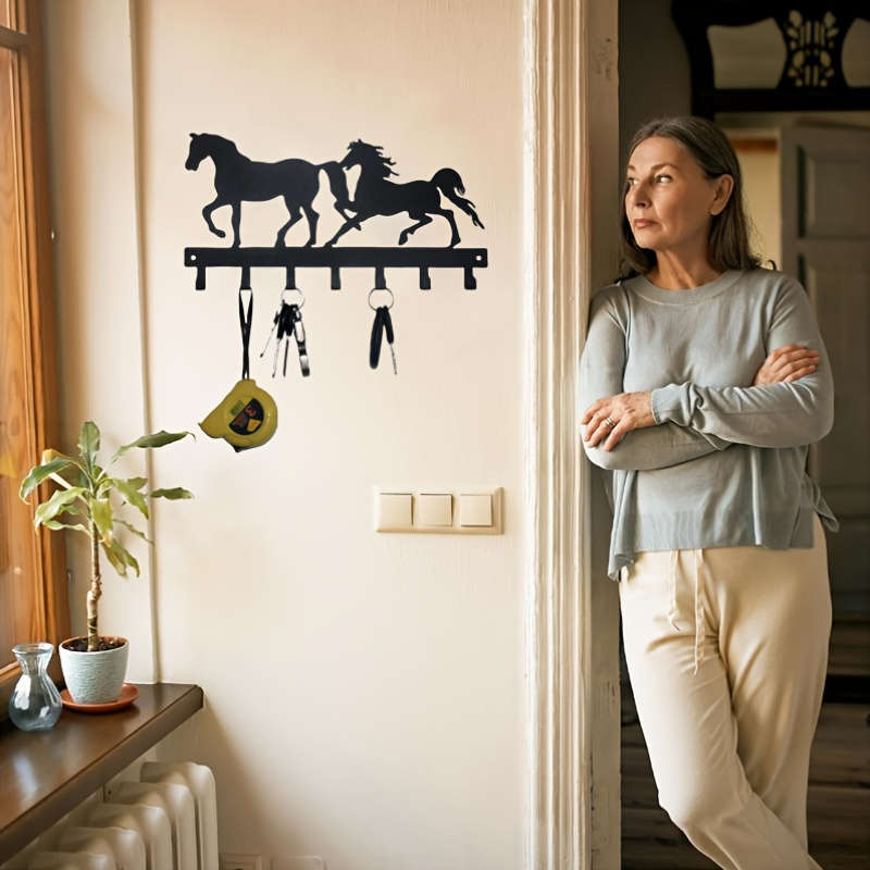 1pc Double Horse Wall Decor Hooks Metal Artistic Key Holder Rack Multipurpose Hanging Storage for