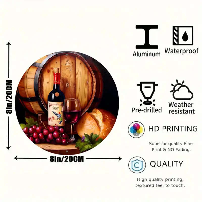 1pc Bottle of Wine And a Glass of Red Wine Next to a Wreath Sign 8X8 Inch 20Cmx20Cm Round Aluminum S
